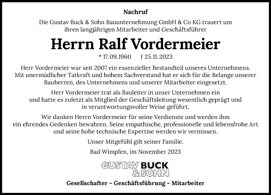 Traueranzeige von Ralf Vordermeier von GESAMT