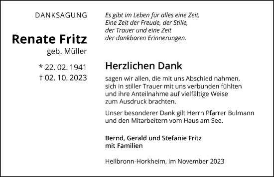 Traueranzeige von Renate Fritz von GESAMT