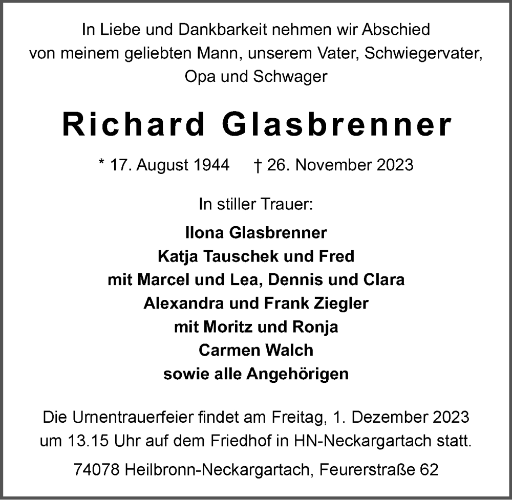  Traueranzeige für Richard Glasbrenner vom 28.11.2023 aus GESAMT