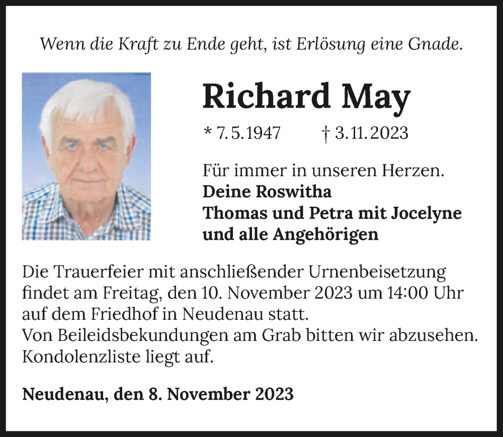  Traueranzeige für Richard May vom 08.11.2023 aus GESAMT
