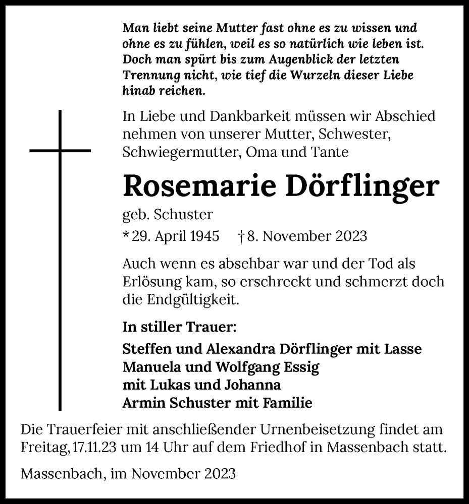  Traueranzeige für Rosemarie Dörflinger vom 11.11.2023 aus GESAMT