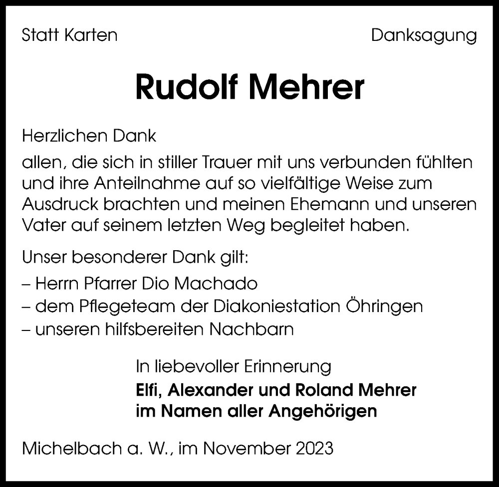  Traueranzeige für Rudolf Mehrer vom 25.11.2023 aus GESAMT