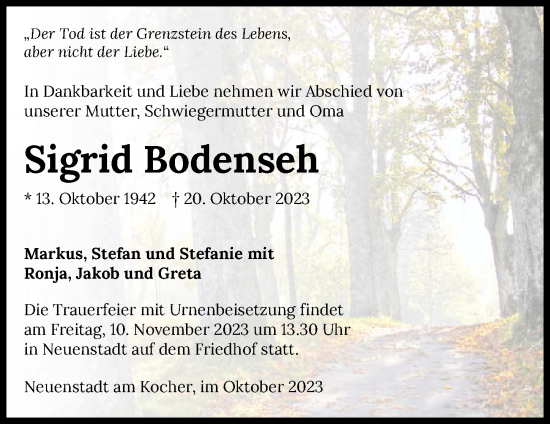 Traueranzeige von Sigrid Bodenseh von GESAMT