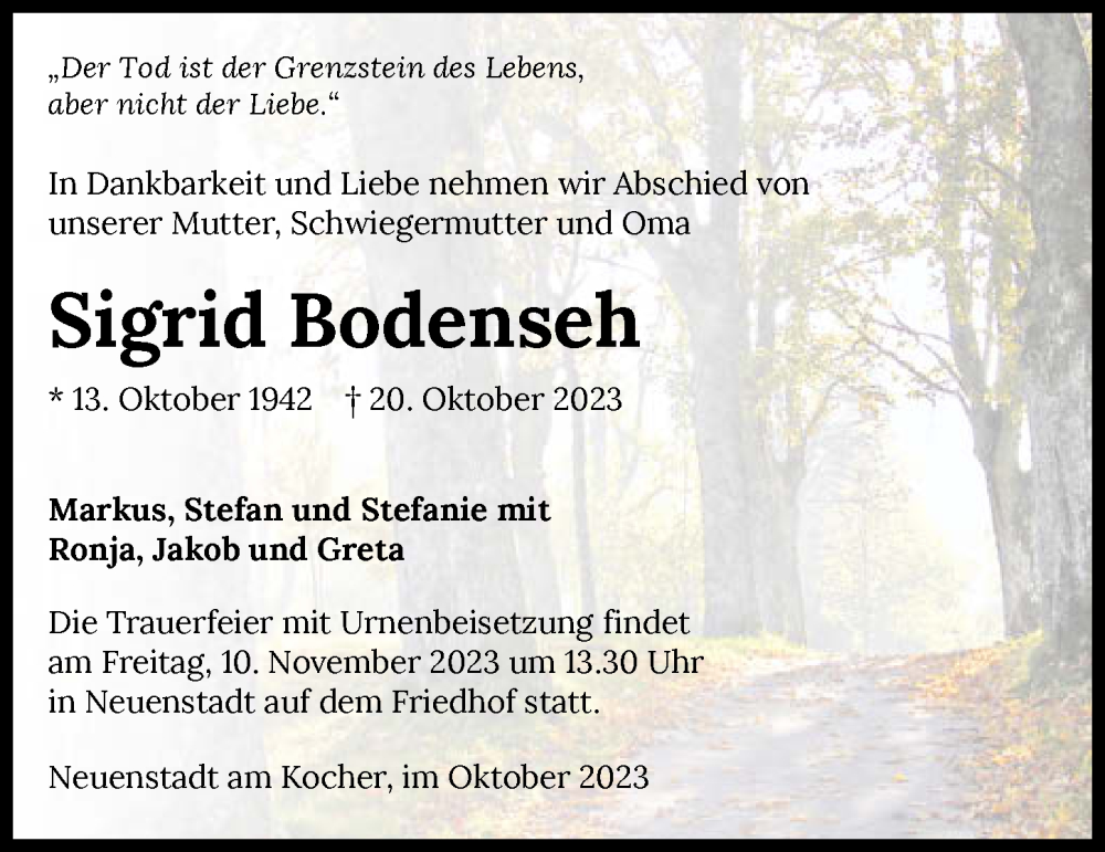  Traueranzeige für Sigrid Bodenseh vom 03.11.2023 aus GESAMT