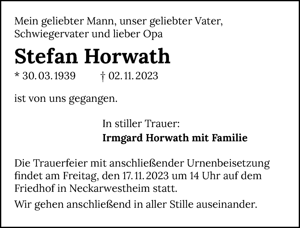  Traueranzeige für Stefan Horwath vom 11.11.2023 aus GESAMT