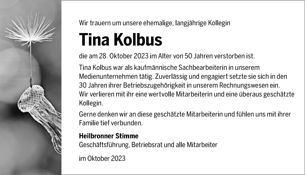  Traueranzeige für Tina Kolbus vom 02.11.2023 aus GESAMT
