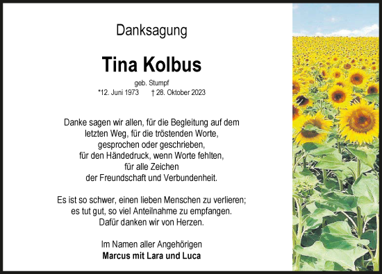 Traueranzeige von Tina Kolbus von GESAMT