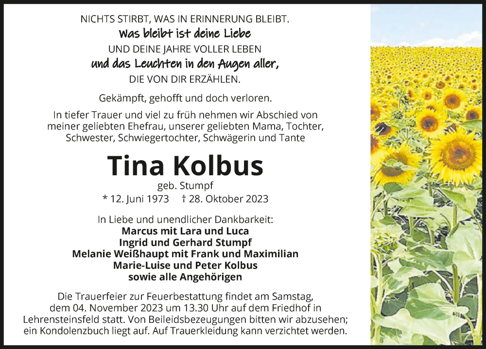  Traueranzeige für Tina Kolbus vom 02.11.2023 aus GESAMT