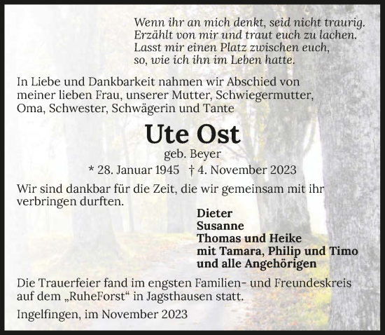 Traueranzeige von Ute Ost von GESAMT
