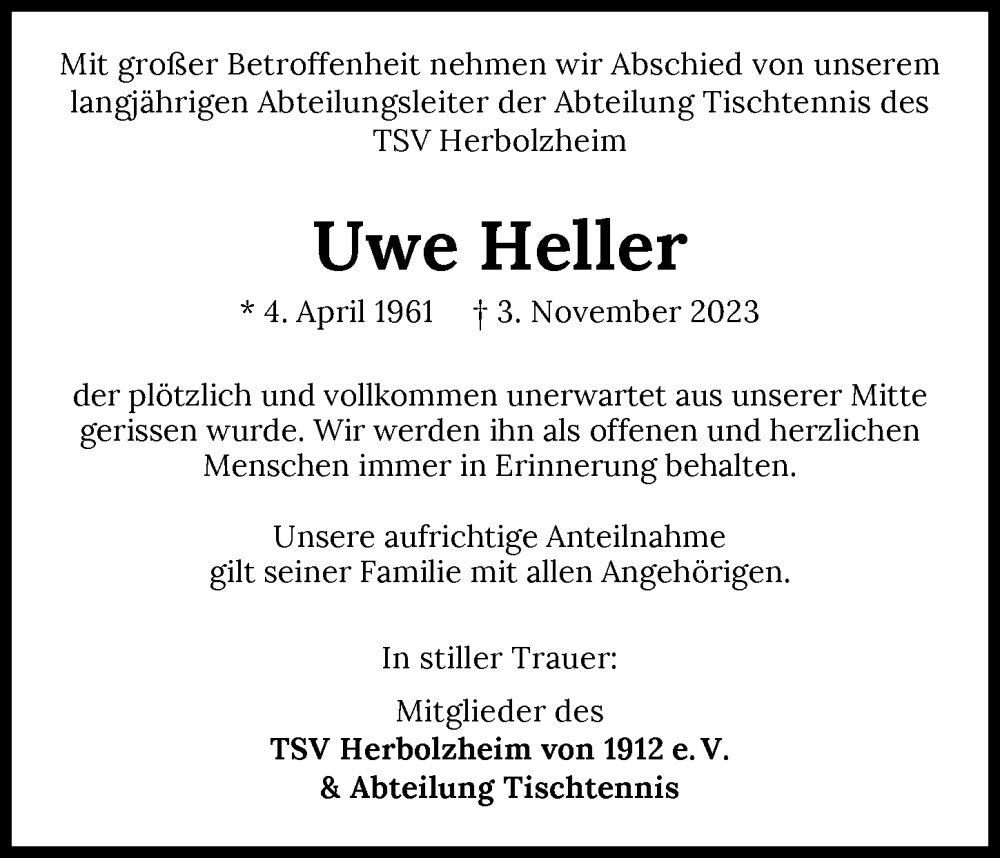  Traueranzeige für Uwe Heller vom 18.11.2023 aus GESAMT