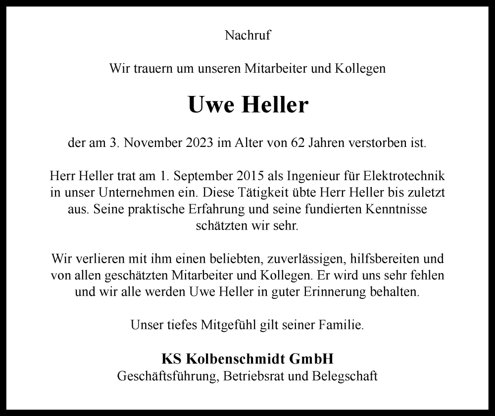  Traueranzeige für Uwe Heller vom 25.11.2023 aus GESAMT