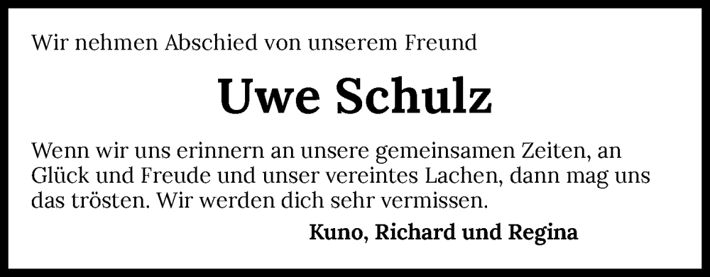  Traueranzeige für Uwe Schulz vom 04.11.2023 aus GESAMT