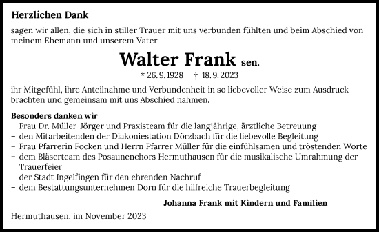 Traueranzeige von Walter Frank von GESAMT