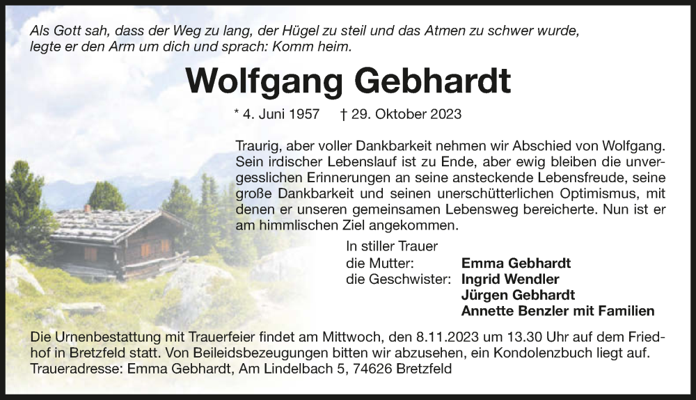  Traueranzeige für Wolfgang Gebhardt vom 04.11.2023 aus GESAMT