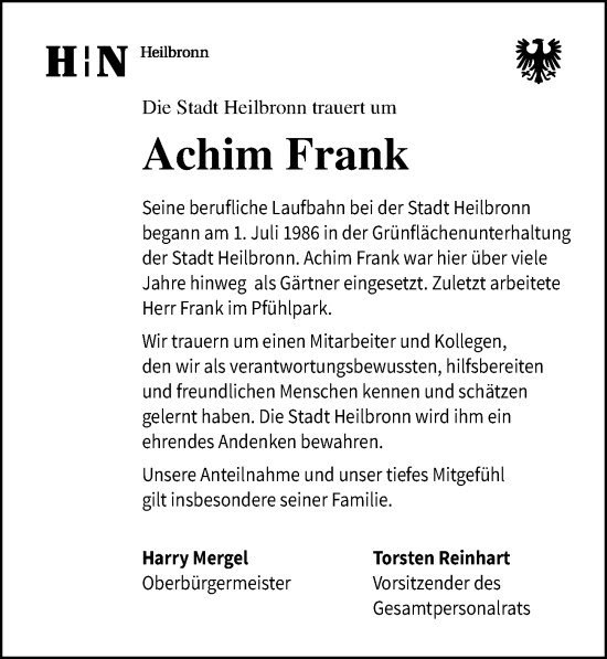 Traueranzeige von Achim Frank von GESAMT