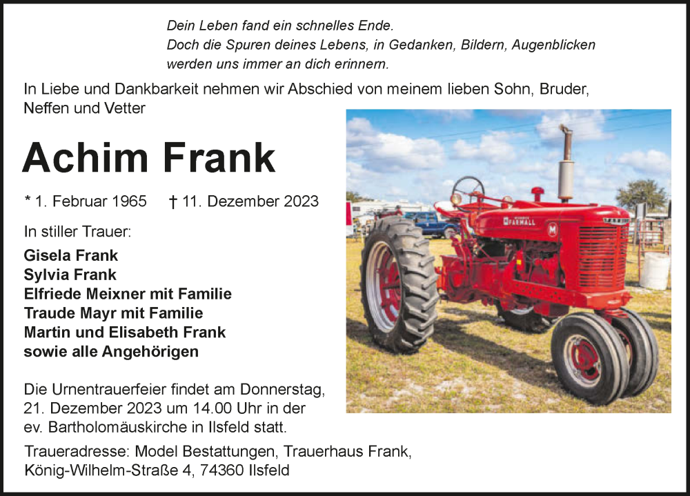  Traueranzeige für Achim Frank vom 16.12.2023 aus GESAMT