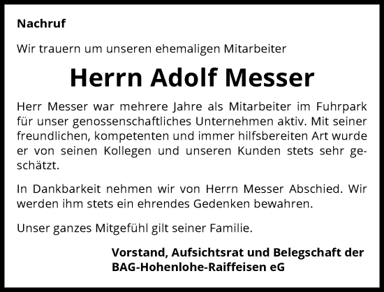 Traueranzeige von Adolf Messer von GESAMT