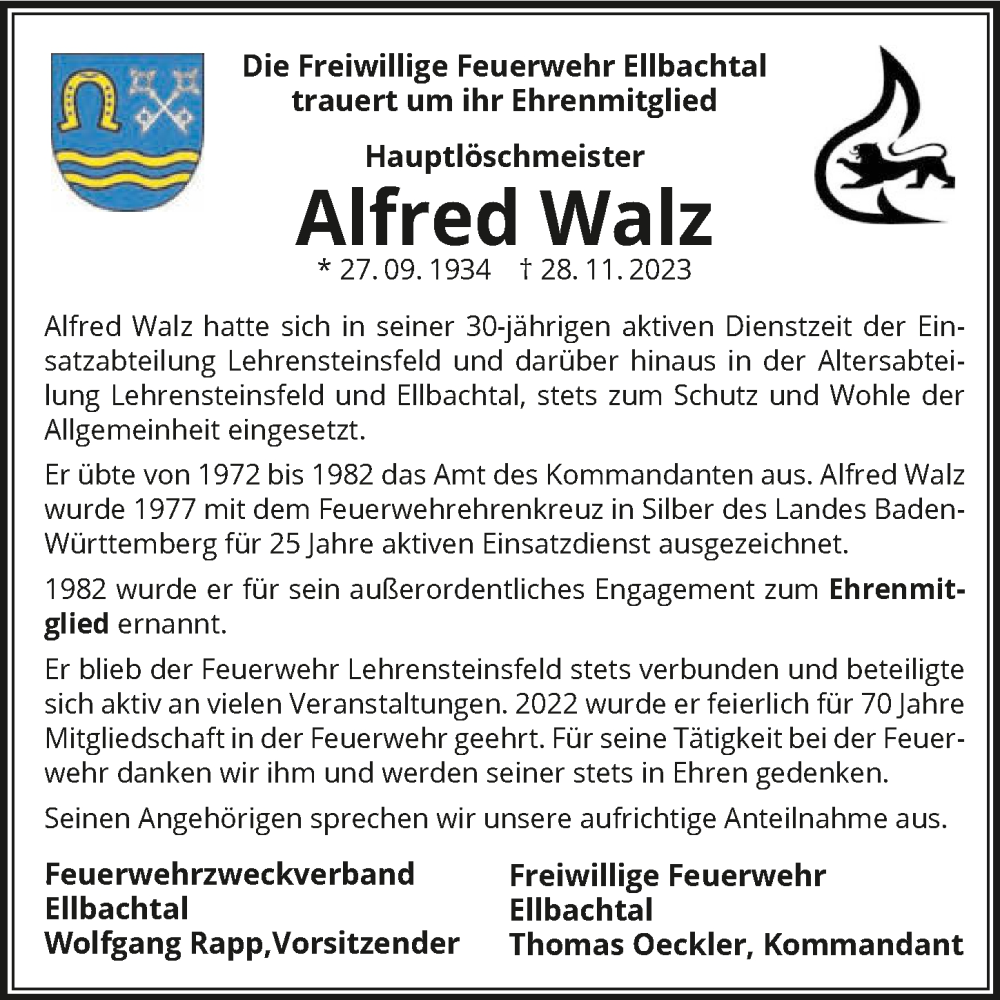  Traueranzeige für Alfred Walz vom 06.12.2023 aus GESAMT