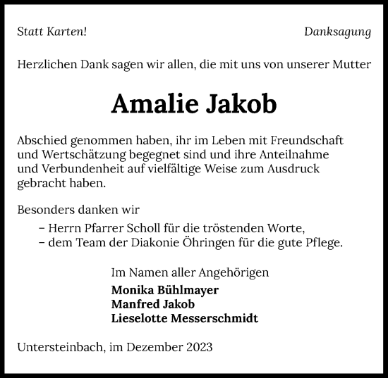 Traueranzeige von Amalie Jakob von GESAMT