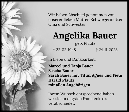 Traueranzeige von Angelika Bauer von GESAMT