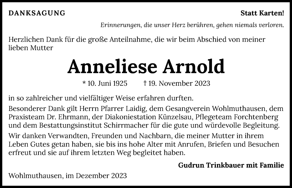  Traueranzeige für Anneliese Arnold vom 22.12.2023 aus GESAMT