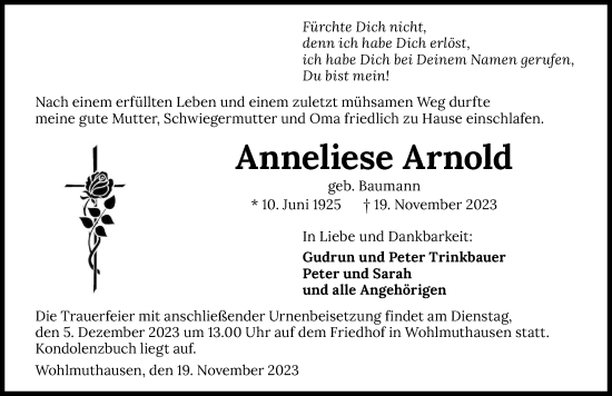 Traueranzeige von Anneliese Arnold von GESAMT