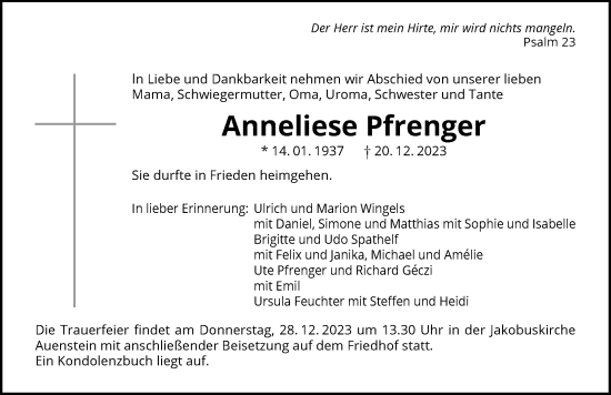 Traueranzeige von Anneliese Pfrenger von GESAMT