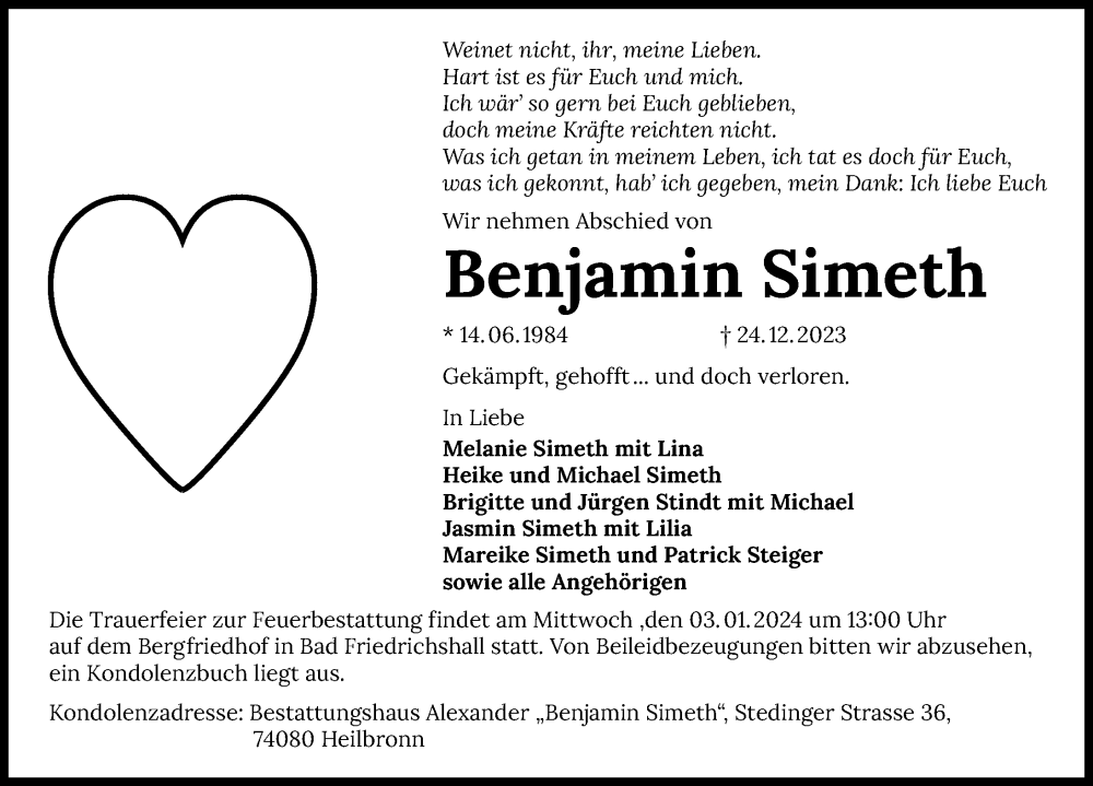  Traueranzeige für Benjamin Simeth vom 30.12.2023 aus GESAMT