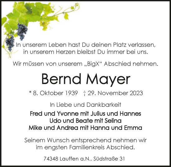 Traueranzeige von Bernd Mayer von GESAMT