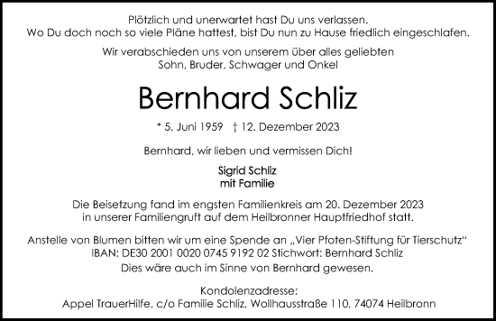 Traueranzeige von Bernhard Schliz von GESAMT