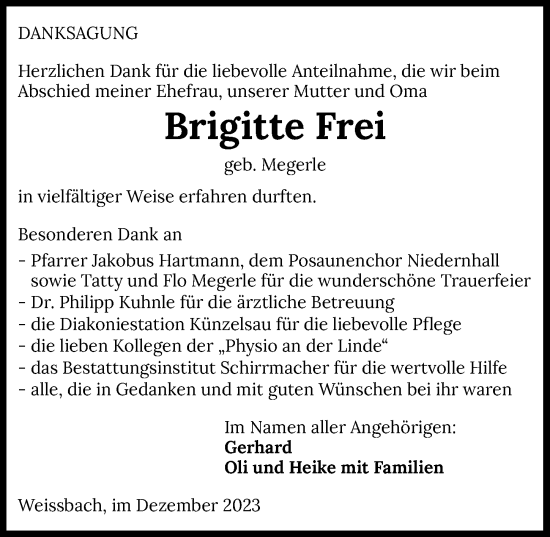 Traueranzeige von Brigitte Frei von GESAMT