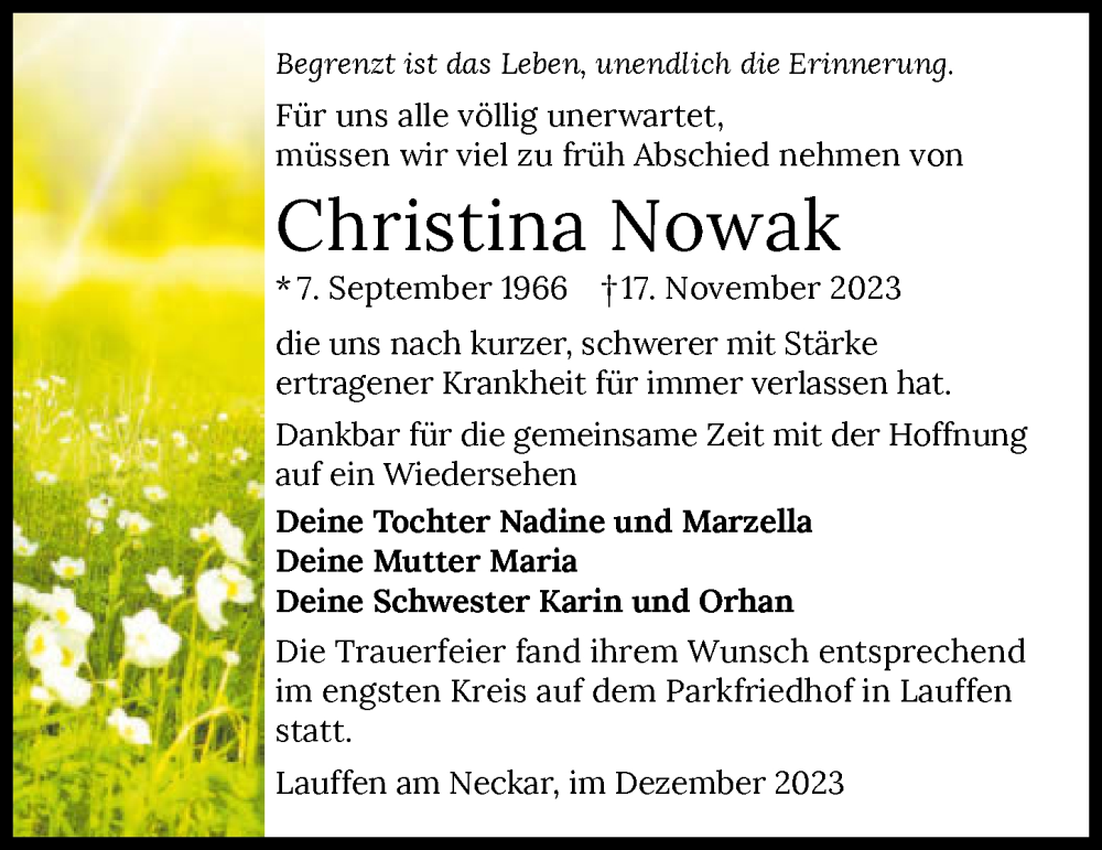  Traueranzeige für Christina Nowak vom 23.12.2023 aus GESAMT