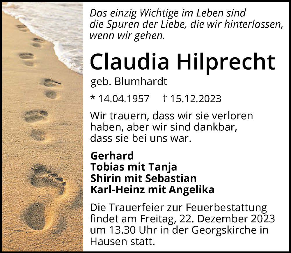  Traueranzeige für Claudia Hilprecht vom 19.12.2023 aus GESAMT