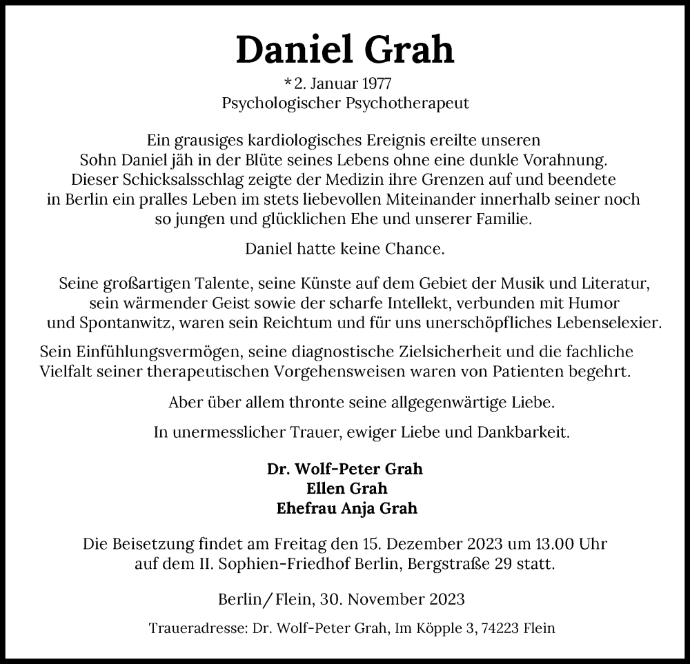  Traueranzeige für Daniel Grah vom 09.12.2023 aus GESAMT