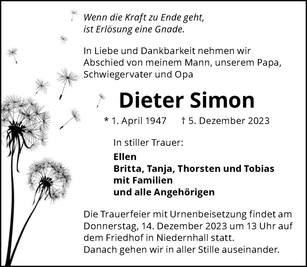  Traueranzeige für Dieter Simon vom 12.12.2023 aus GESAMT