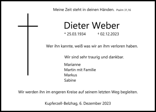 Traueranzeige von Dieter Weber von GESAMT