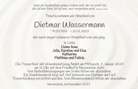 Traueranzeige von Dietmar Wassermann von GESAMT