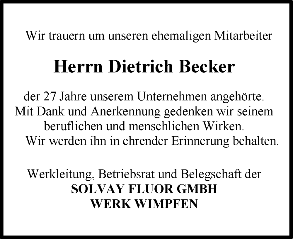  Traueranzeige für Dietrich Becker vom 23.12.2023 aus GESAMT
