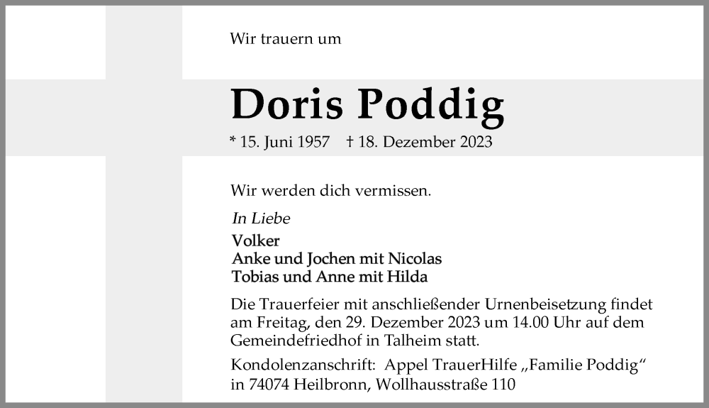  Traueranzeige für Doris Poddig vom 23.12.2023 aus GESAMT