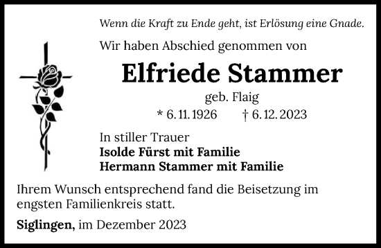Traueranzeige von Elfriede Stammer von GESAMT