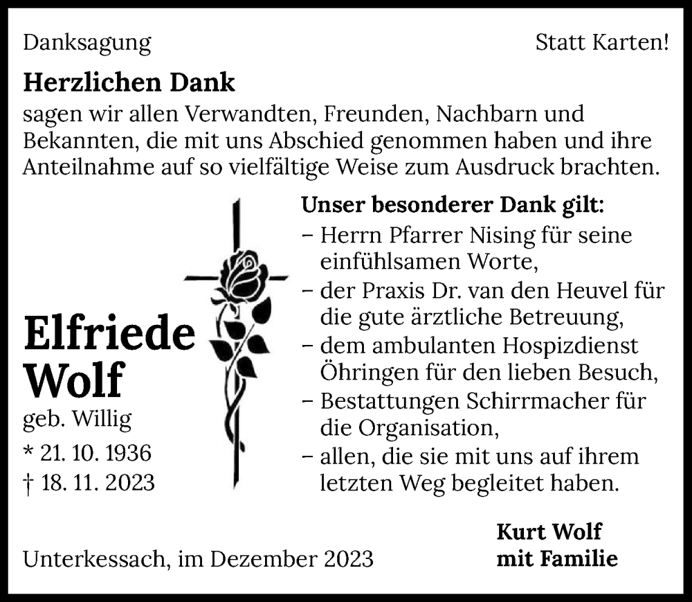  Traueranzeige für Elfriede Wolf vom 11.12.2023 aus GESAMT