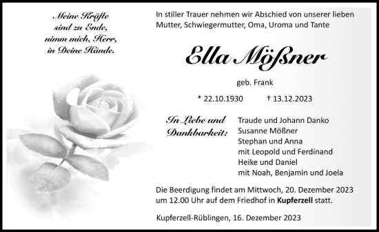 Traueranzeige von Ella Mößner von GESAMT