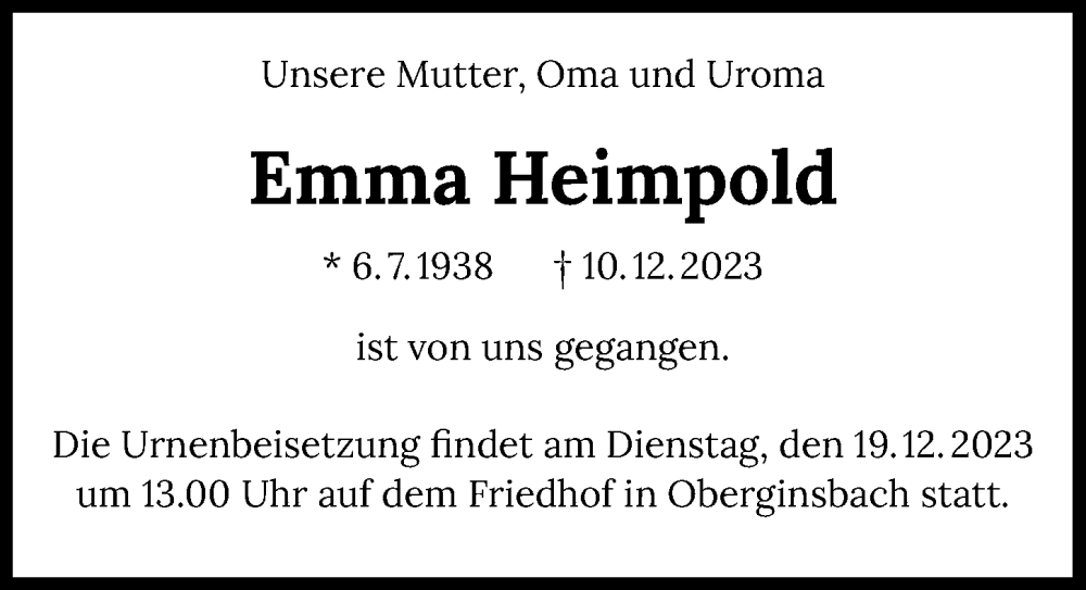  Traueranzeige für Emma Heimpold vom 15.12.2023 aus GESAMT