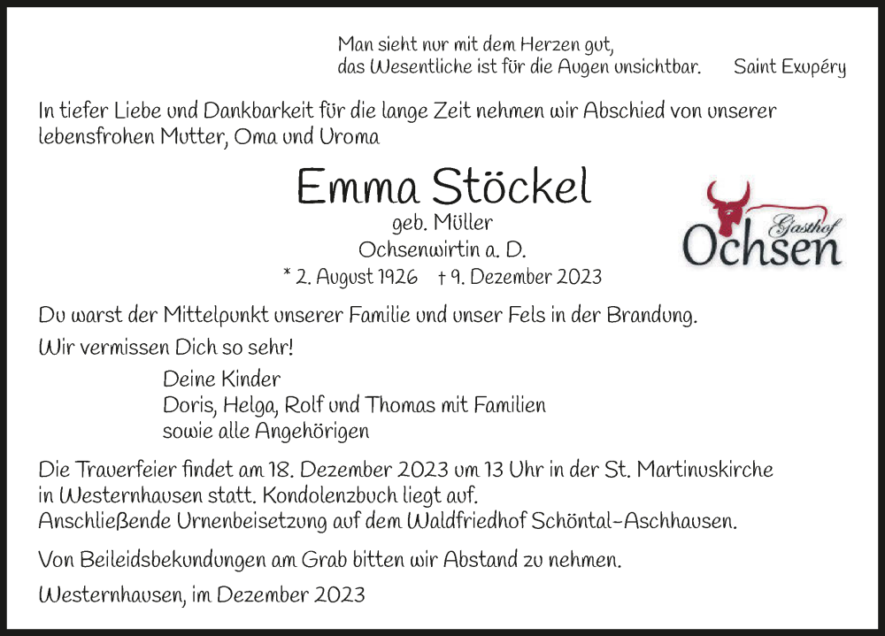  Traueranzeige für Emma Stöckel vom 16.12.2023 aus GESAMT