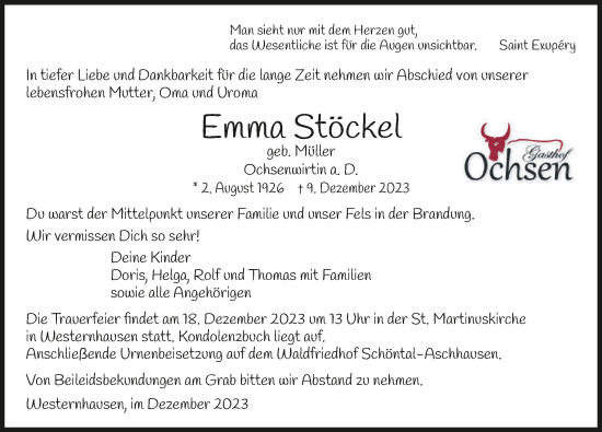 Traueranzeige von Emma Stöckel von GESAMT