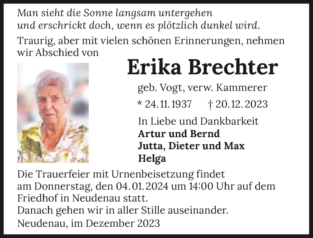  Traueranzeige für Erika Brechter vom 29.12.2023 aus GESAMT