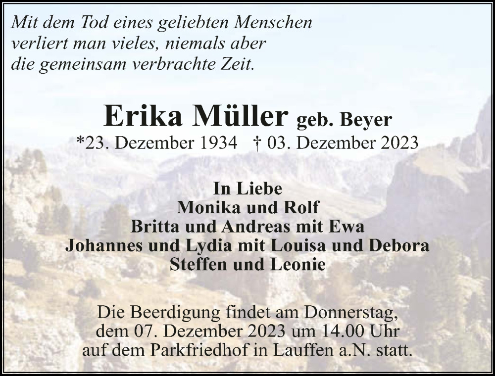  Traueranzeige für Erika Müller vom 06.12.2023 aus GESAMT