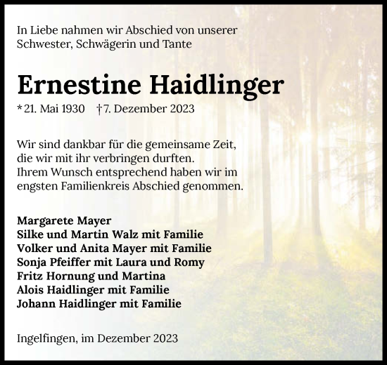 Traueranzeige von Ernestine Haidlinger von GESAMT
