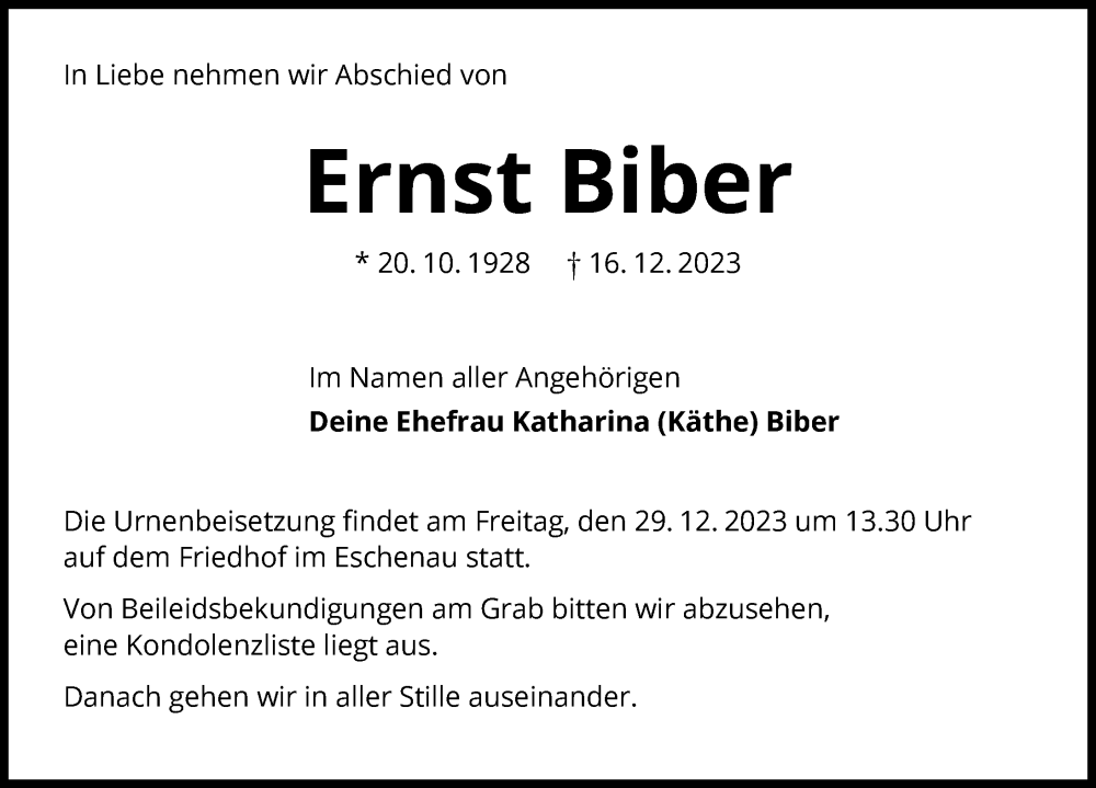  Traueranzeige für Ernst Biber vom 23.12.2023 aus GESAMT