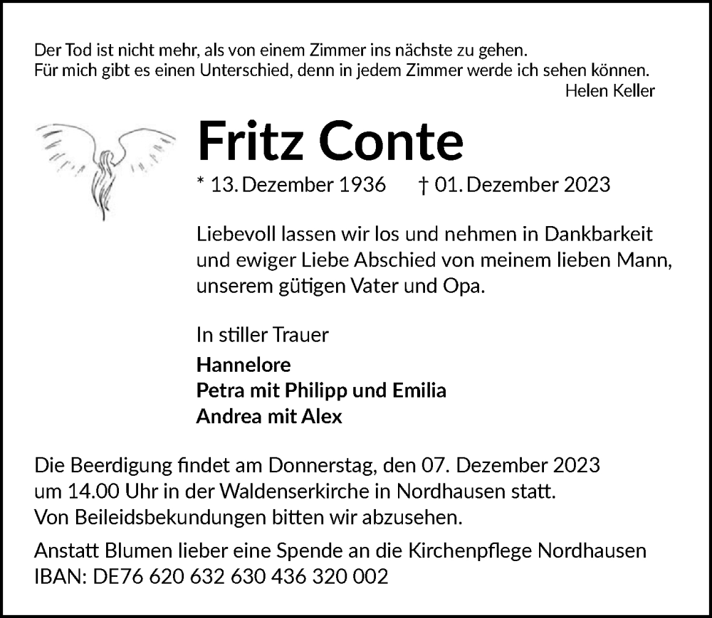  Traueranzeige für Fritz Conte vom 05.12.2023 aus GESAMT
